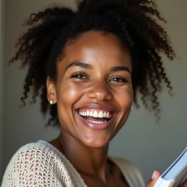 Mulher branca sorrindo segurando álbum de fotos de família