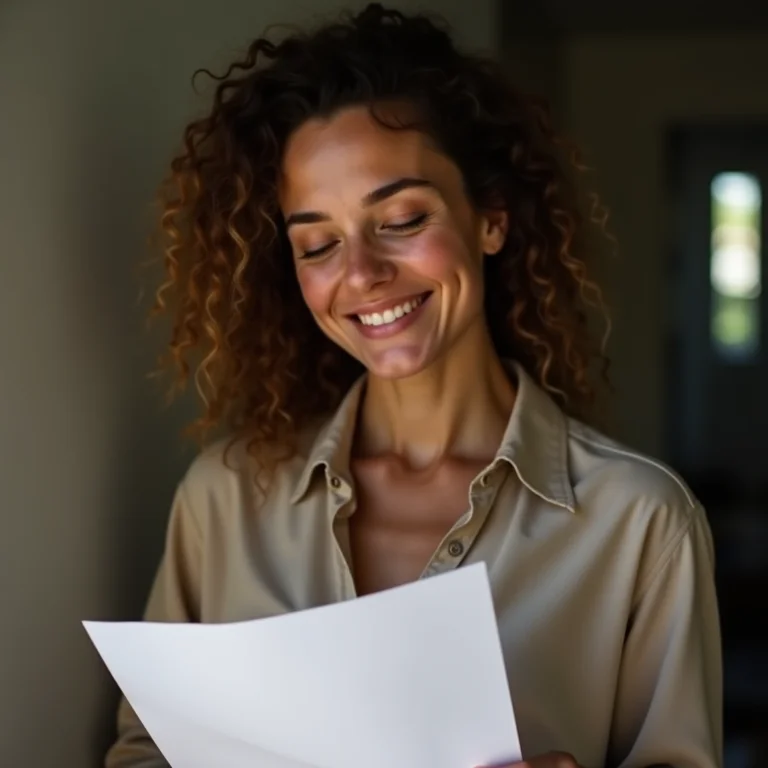Mulher branca sorrindo segurando papéis de divórcio.