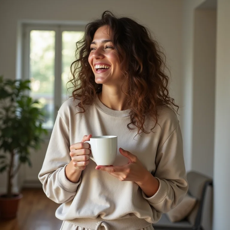 Mulher branca sorrindo, usando roupa confortável e bebendo café