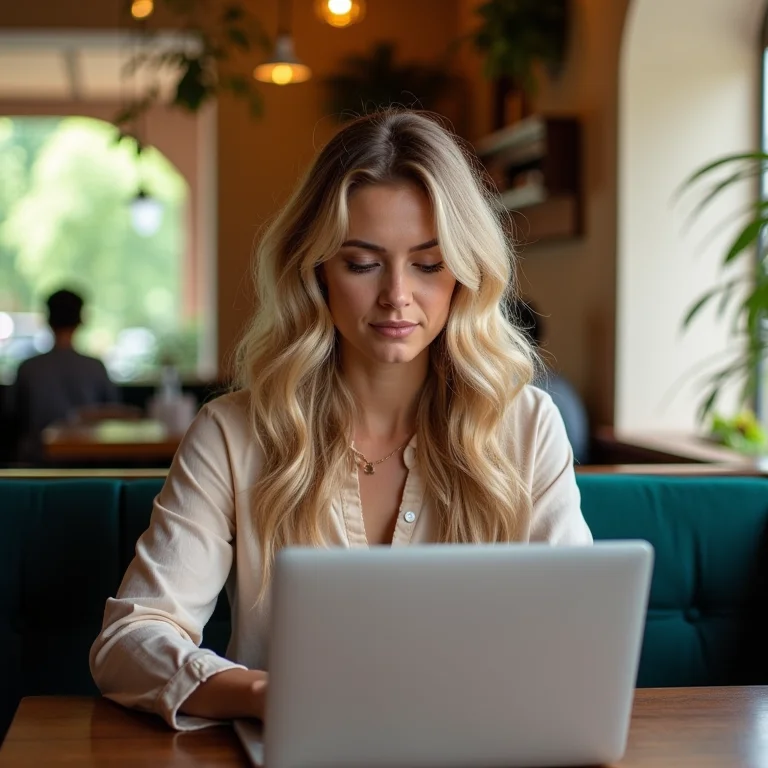 Mulher branca trabalhando remotamente em um café no México