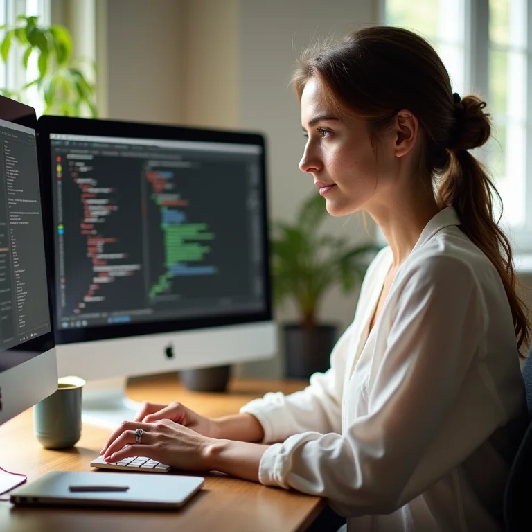 Mulher branca usando atalhos de teclado para agilizar o trabalho