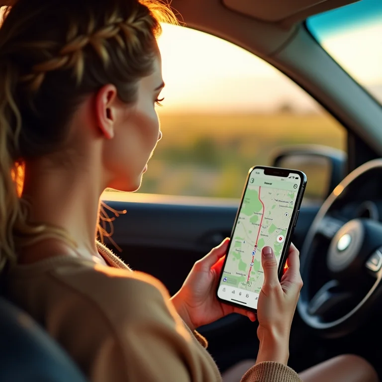 Mulher branca usando mapa digital offline no celular