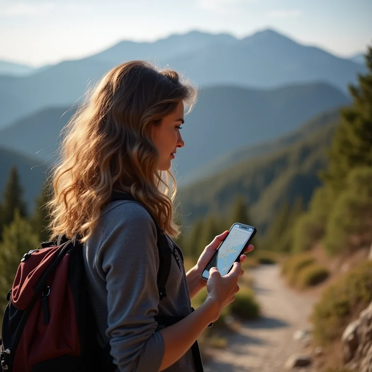 Mulher branca usando mapas offline em trilha