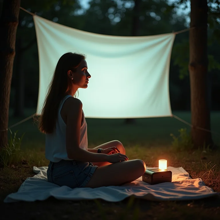 Mulher branca usando mini-projetor ao ar livre