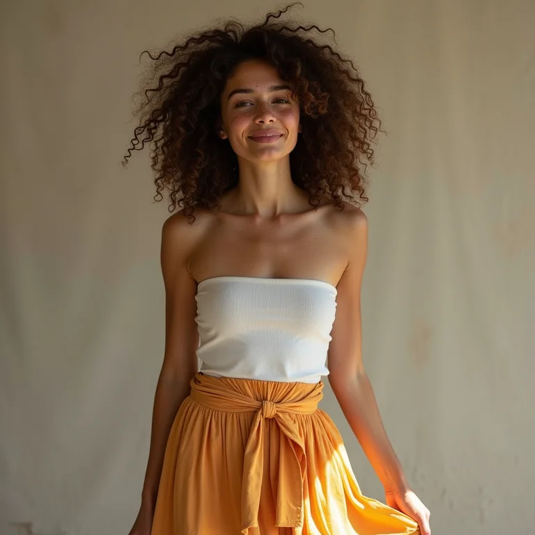 Mulher branca usando saia evasê.