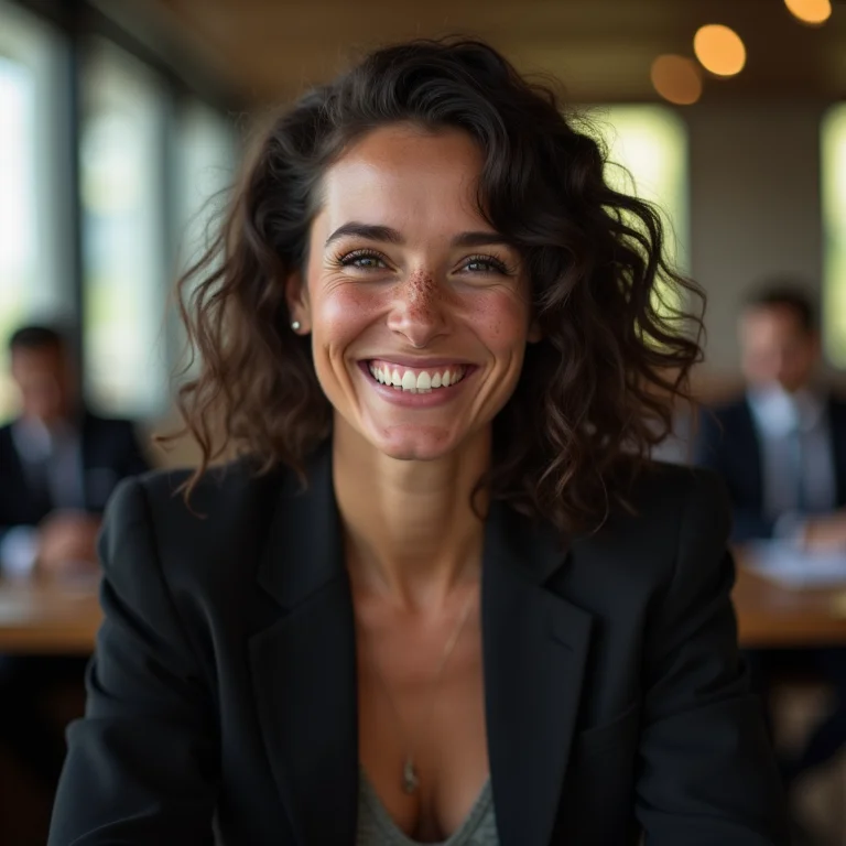 Mulher branca vestindo blazer e calça de alfaiataria em um congresso