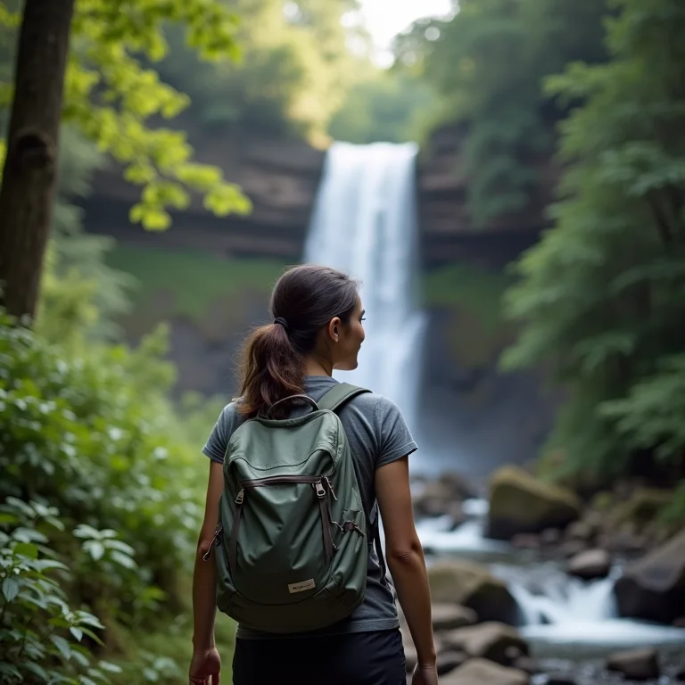 Mulher caminhando perto de cachoeira