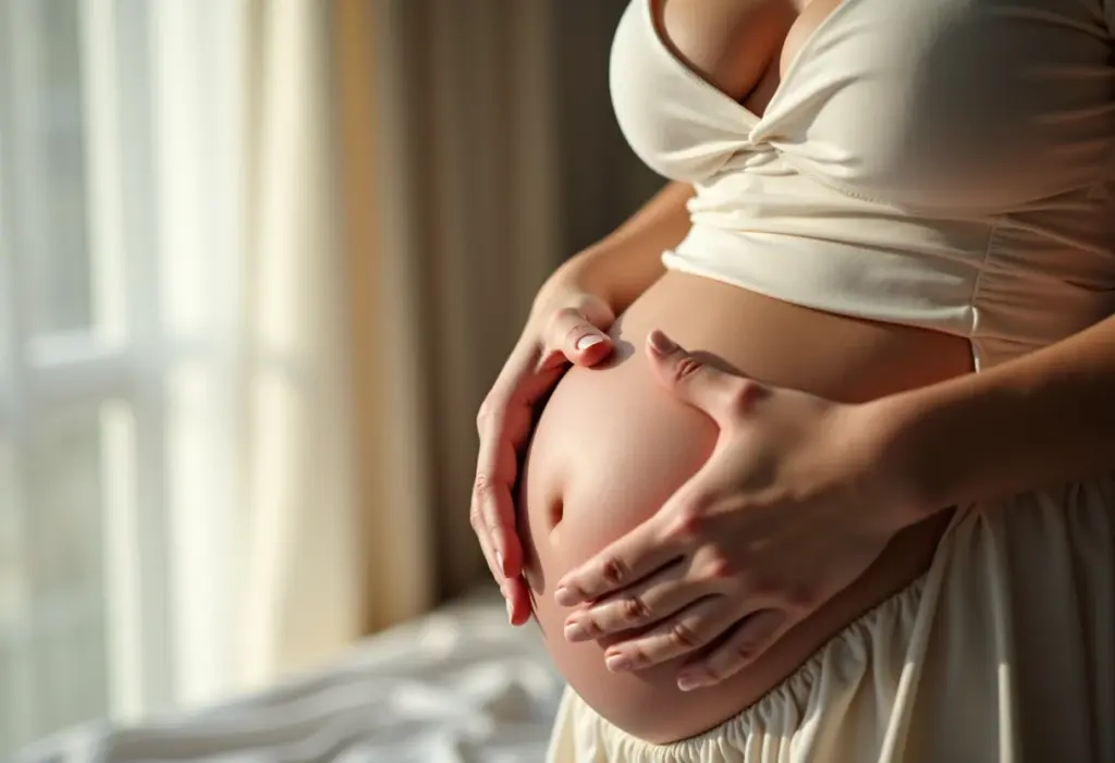 Implantação de Ovócitos: O guia completo para aumentar suas chances Mulher com as mãos no ventre, simbolizando esperança na implantação de ovócitos