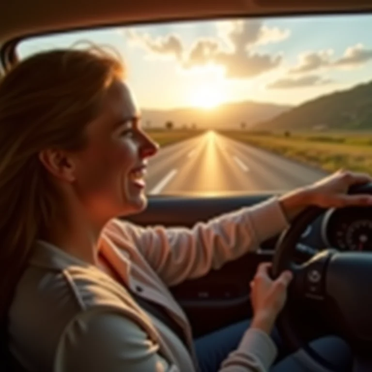Mulher dirigindo carro em estrada cênica