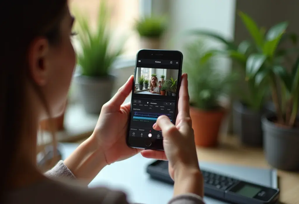 Mulher editando vídeo no celular com app profissional
