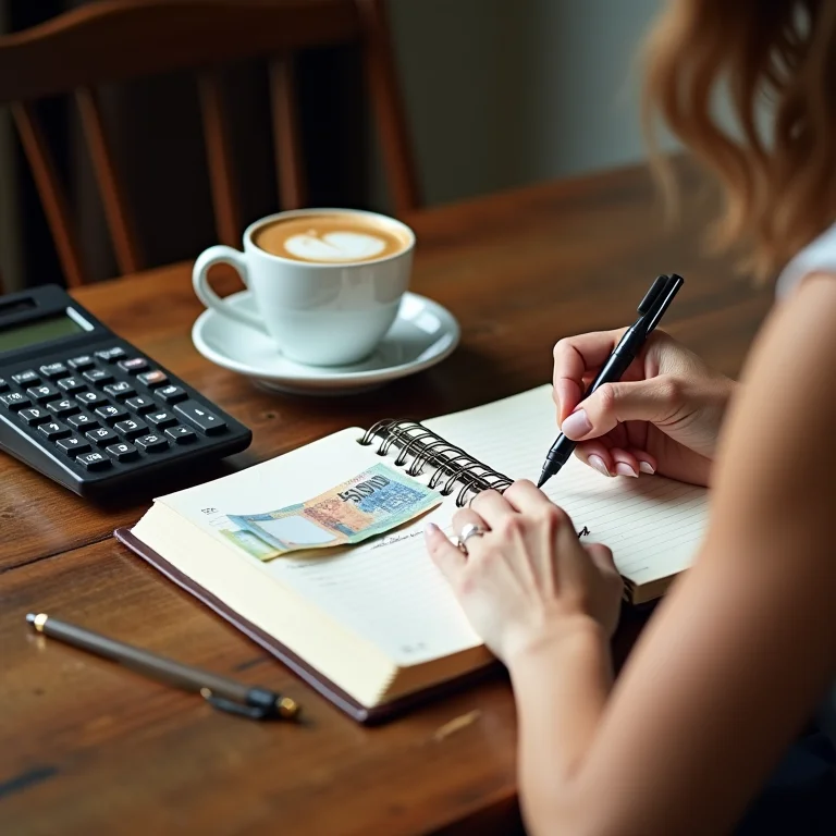 Mulher escrevendo em um diário de viagem com calculadora e pesos uruguaios.