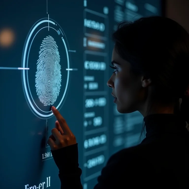 Mulher examinando detalhes de arte digital NFT.