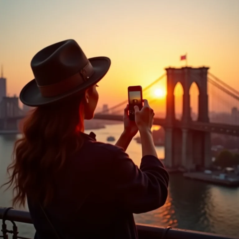 Mulher fotografando a Brooklyn Bridge ao pôr do sol.