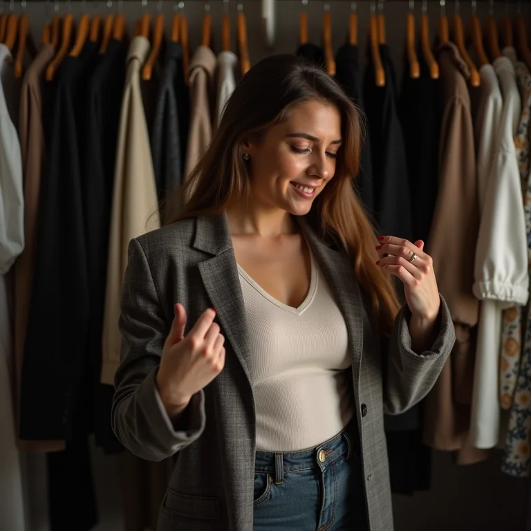 Mulher frustrada em frente ao guarda-roupa, indecisa sobre o que vestir