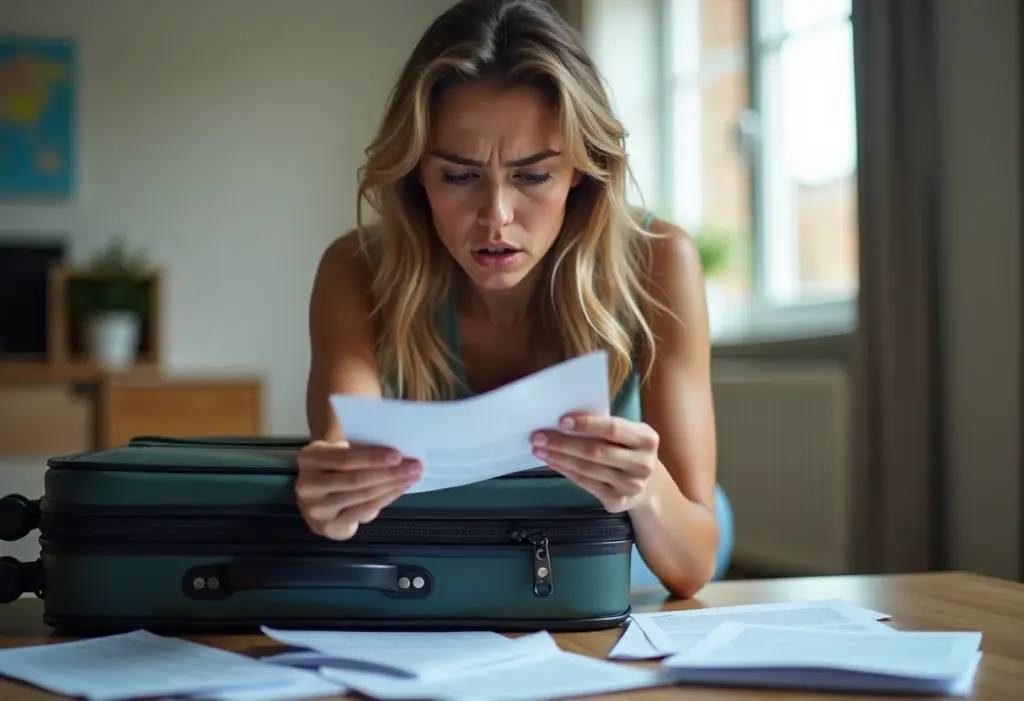 Visto de Turista EUA: O Erro Que Impede Sua Viagem (e Como Evitar) Mulher frustrada empacotando mala devido a problemas com visto americano