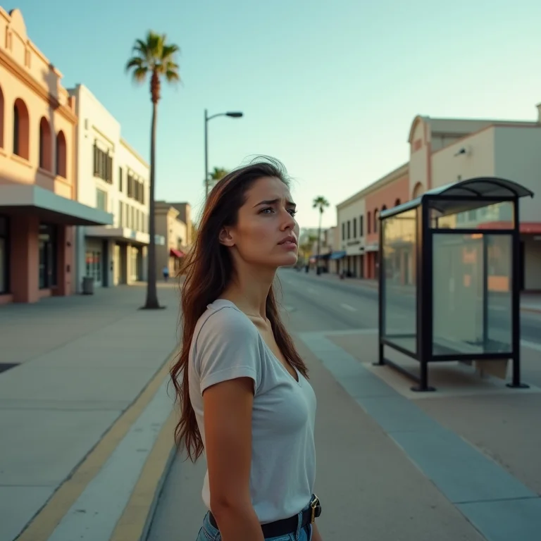 Mulher frustrada esperando em um ponto de ônibus deserto em Orlando.