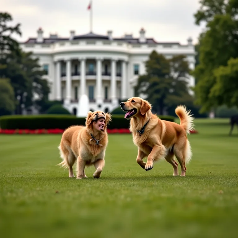 Mulher gorda brincando com cachorro na Casa Branca