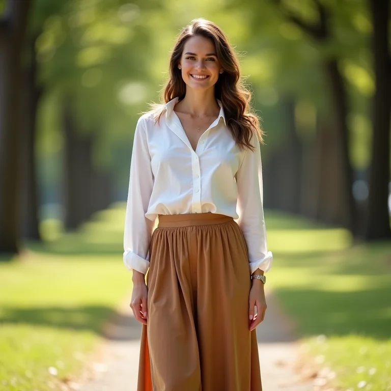 Mulher gorda com saia longa no comprimento ideal