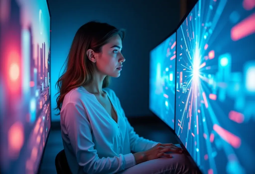 Mulher jogando em nuvem, imersa em ambiente futurista