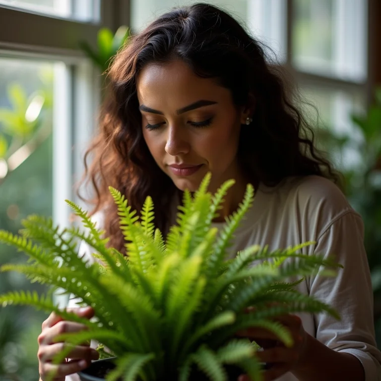 Mulher latina adubando samambaia.