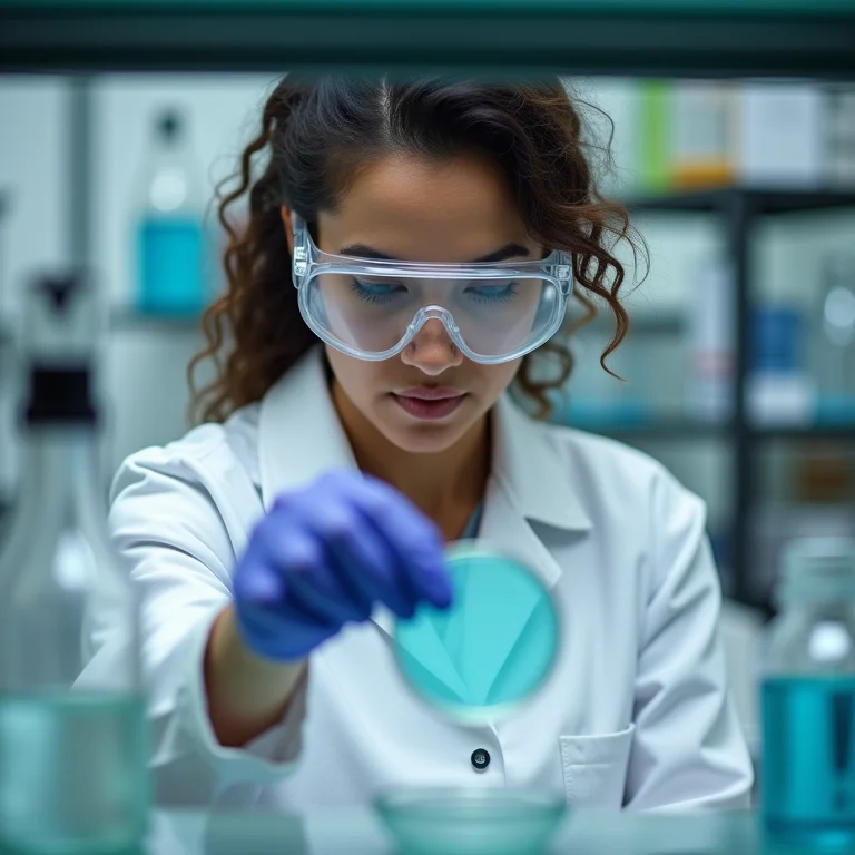 Mulher latina analisando amostra em laboratório