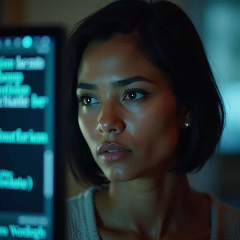 Mulher latina analisando conflitos de código em duas telas.