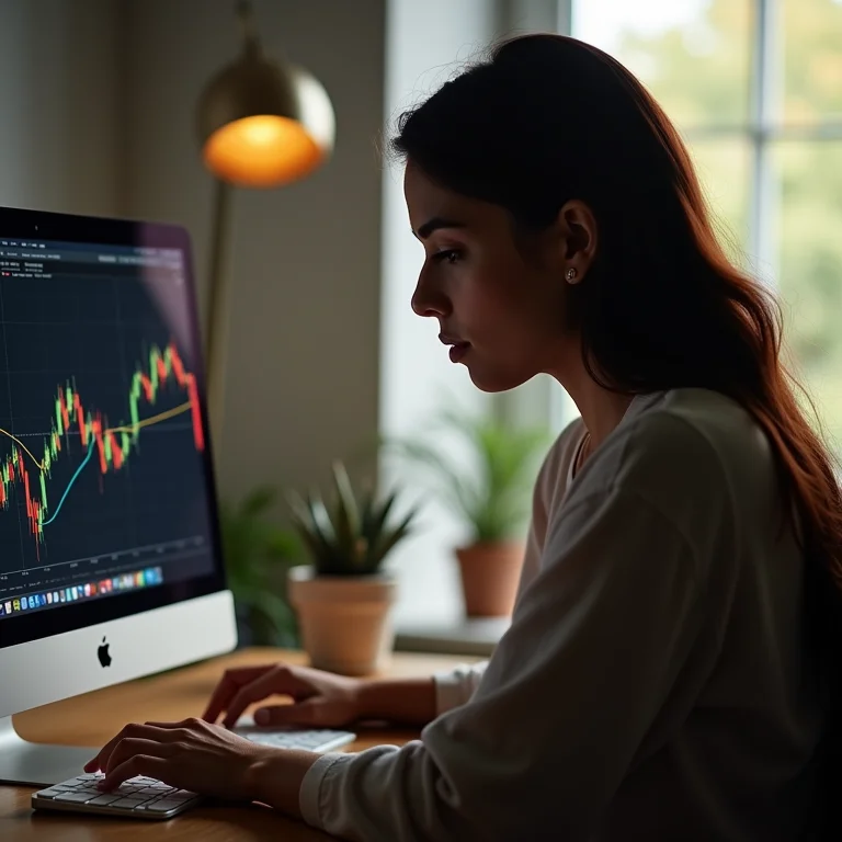 Mulher latina analisando gráficos financeiros no computador