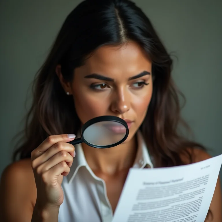 Mulher latina analisando um documento com uma lupa.