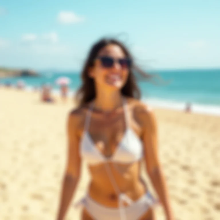 Mulher latina aproveitando um dia ensolarado na Praia da Costa.