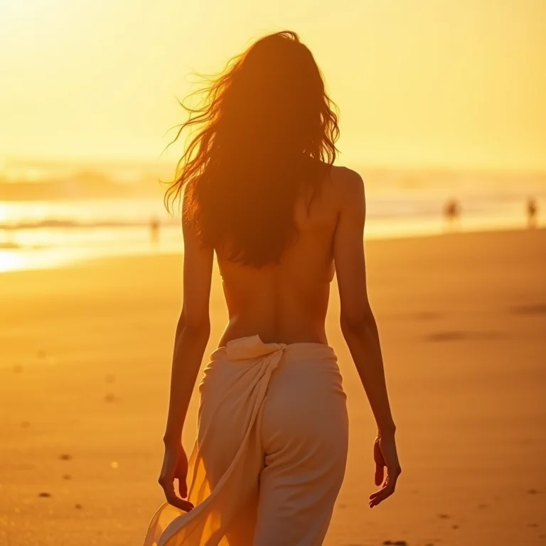 Mulher latina caminhando em uma praia deserta no Ceará ao pôr do sol.
