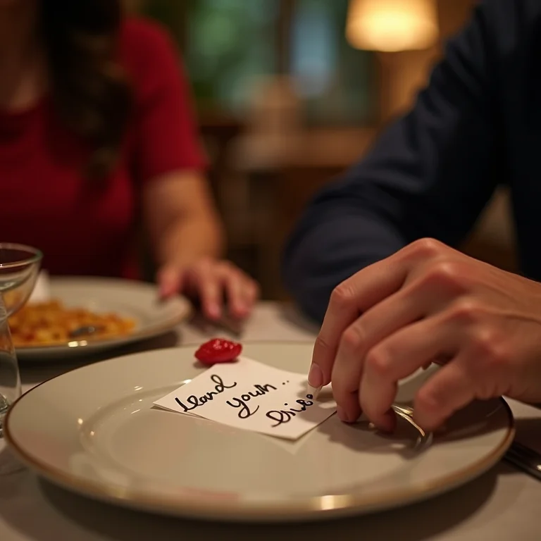 Mulher latina colocando bilhete romântico no prato.