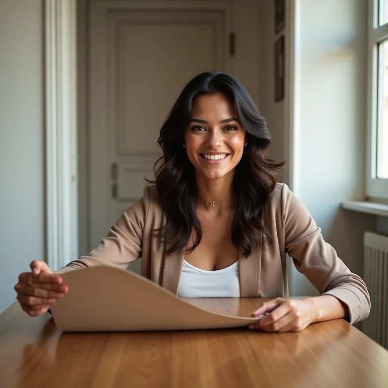 Mulher latina demonstrando mesa dobrável.