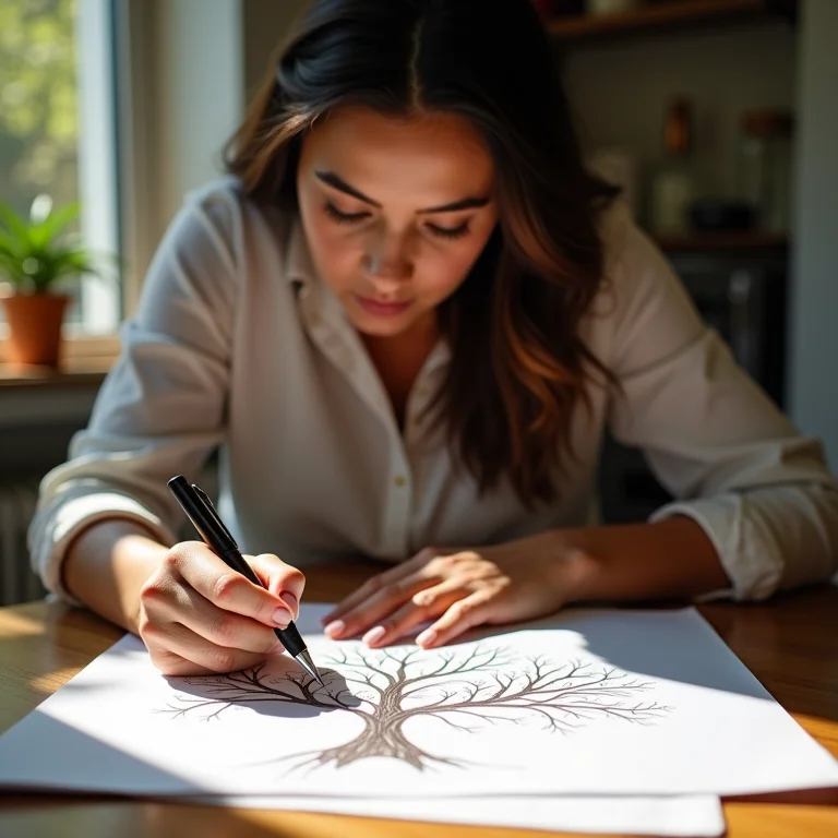 Mulher latina desenhando árvore genealógica em um bloco de notas