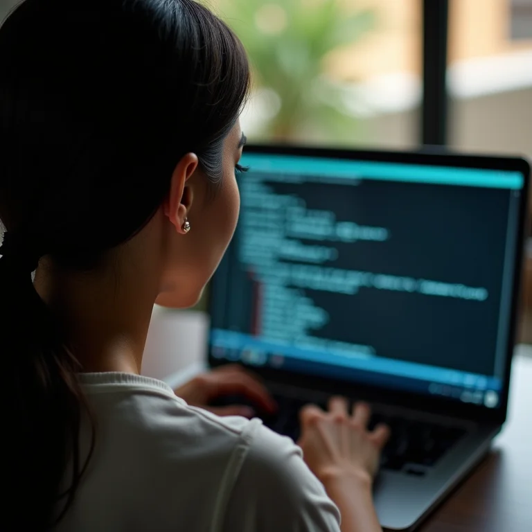 Mulher latina digitando comandos em terminal de computador