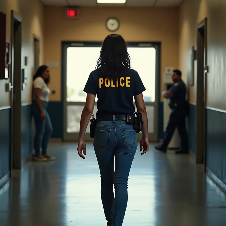 Mulher latina entrando em um posto da Polícia Federal