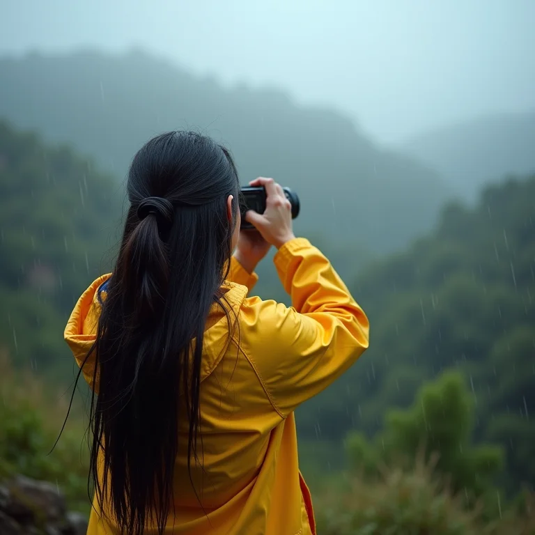Mulher latina fotografando paisagem na chuva com equipamento de proteção
