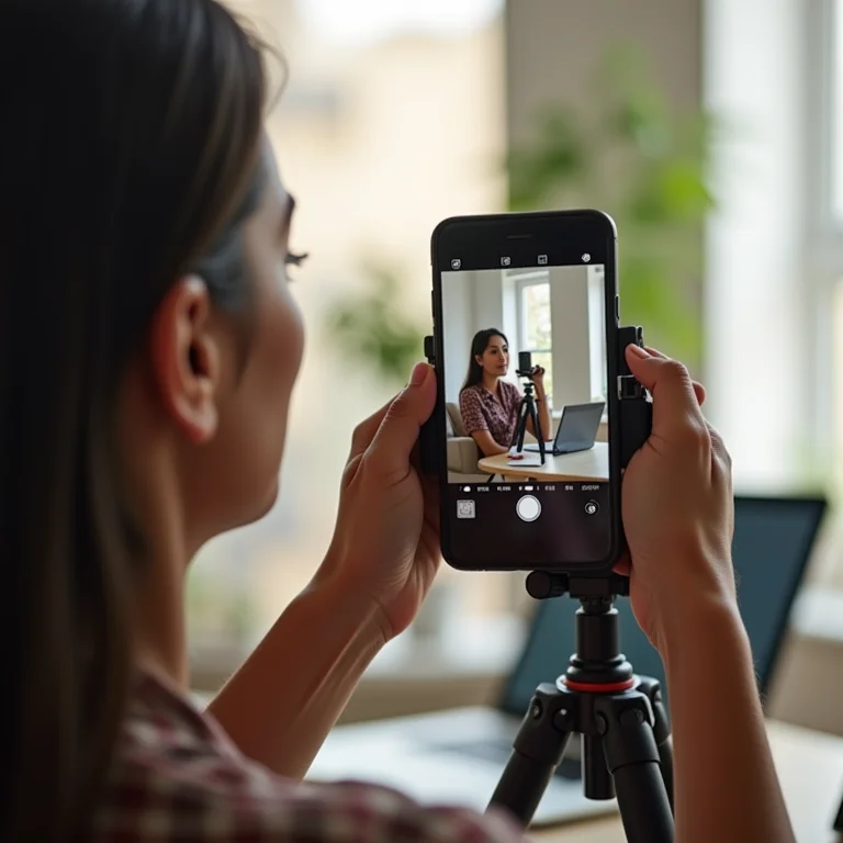 Mulher latina gravando vídeo com smartphone e tripé em home office