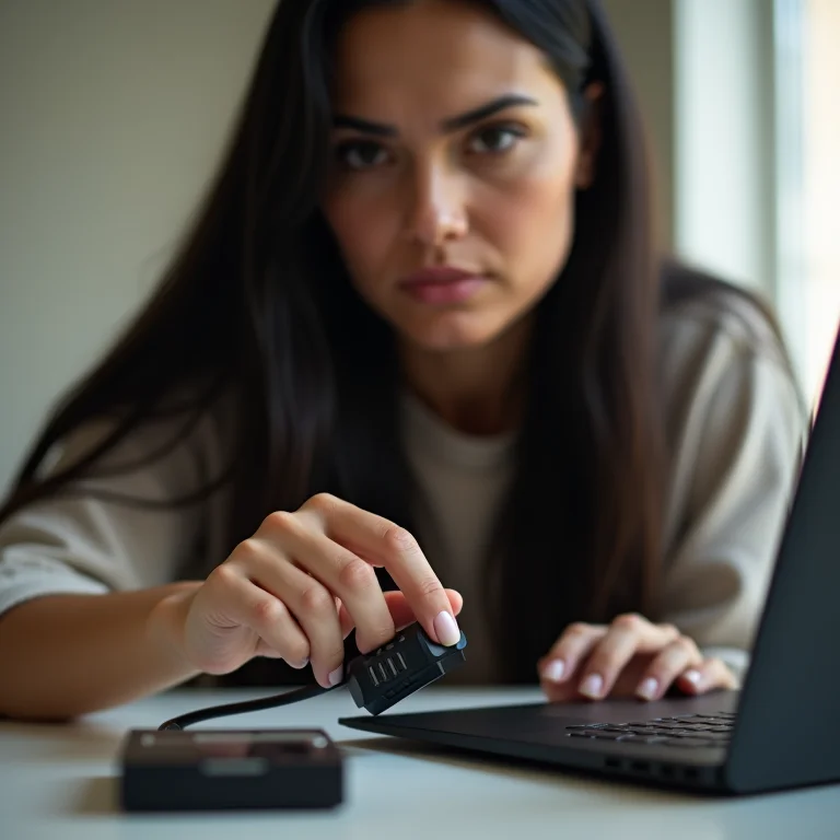 Mulher latina inspecionando fonte de energia de HD externo