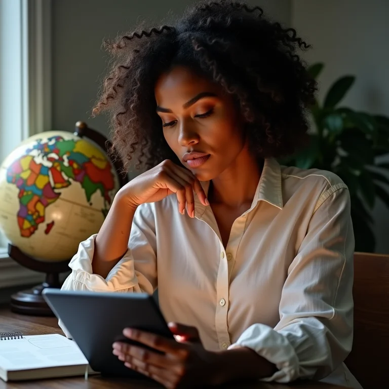 Mulher latina lendo alertas de viagem em um tablet