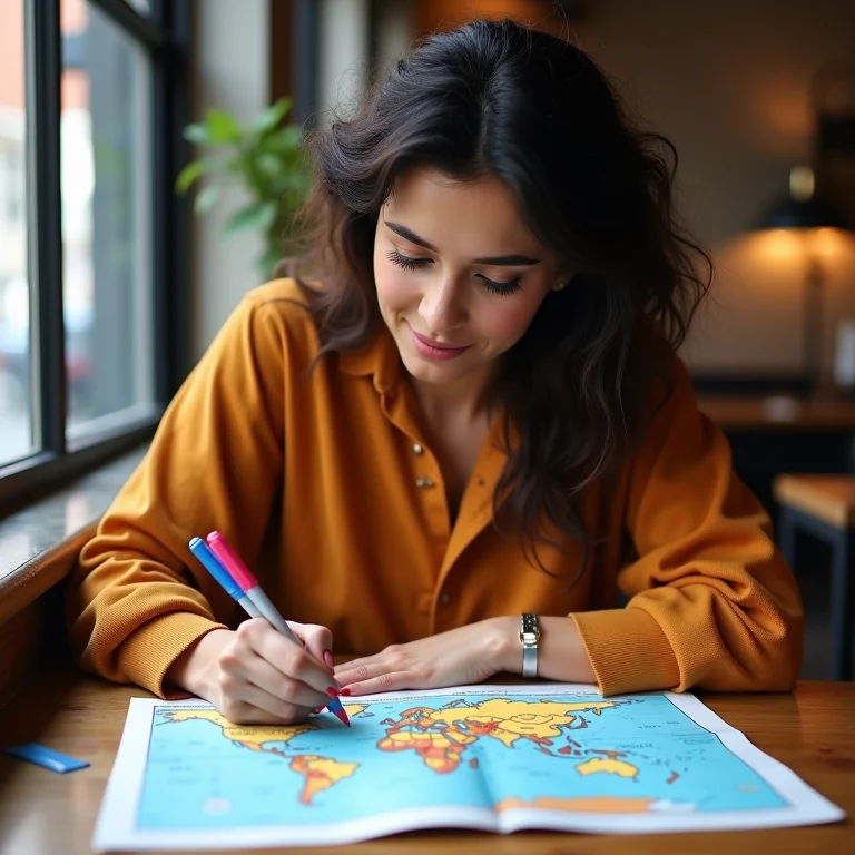 Mulher latina marcando lugares de interesse em mapa de viagem com canetas coloridas