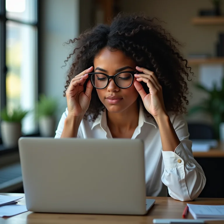 Mulher latina monitorando investimentos em um escritório moderno.