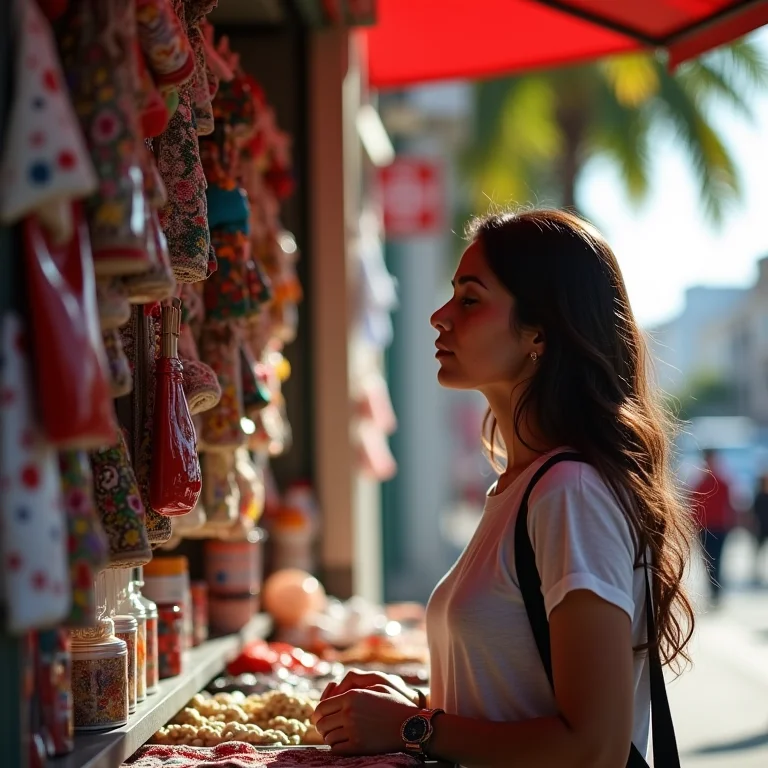 Mulher latina observando barraca de souvenirs com cautela.