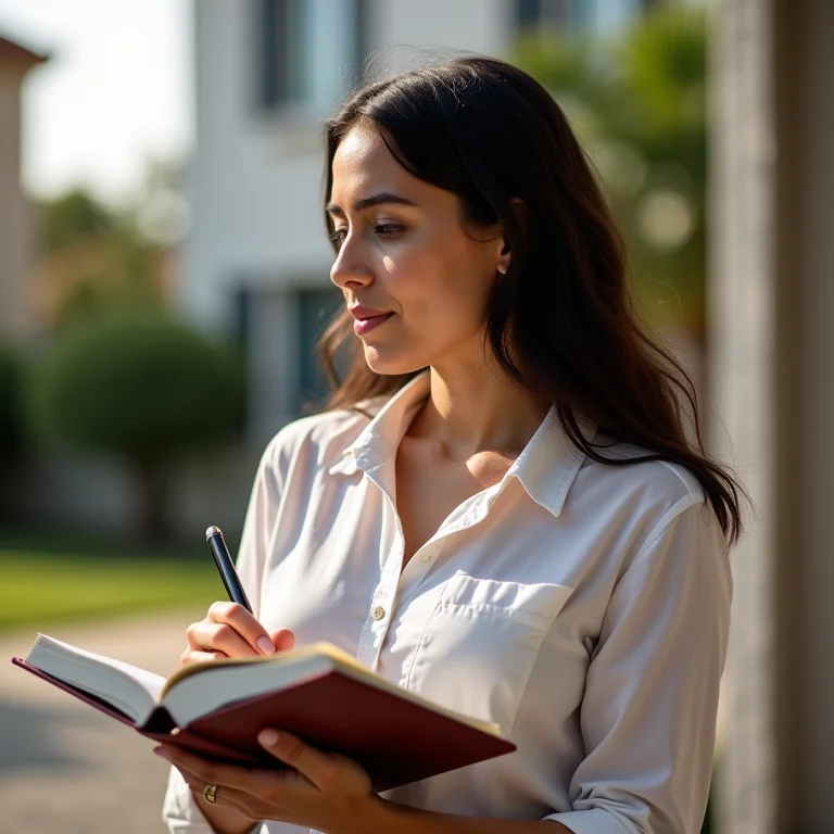 Mulher latina observando propriedade e tomando notas