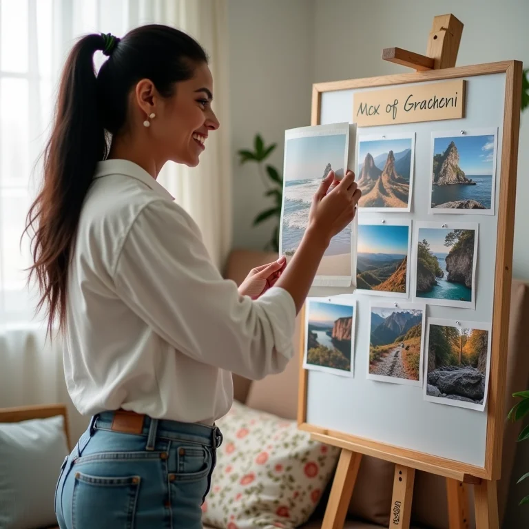 Mulher latina olhando para um quadro de visão inspirador