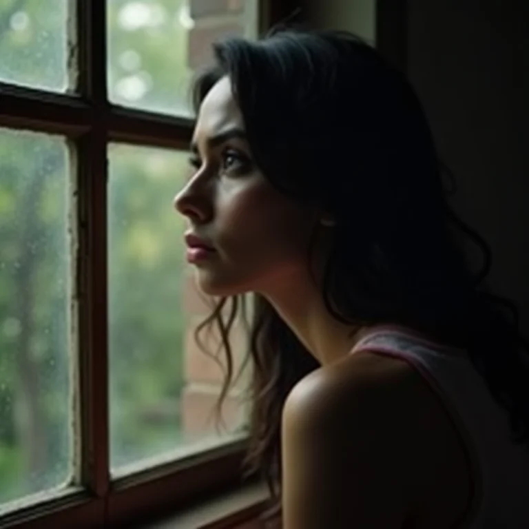 Mulher latina olhando tristemente pela janela, representando exemplos de abandono afetivo