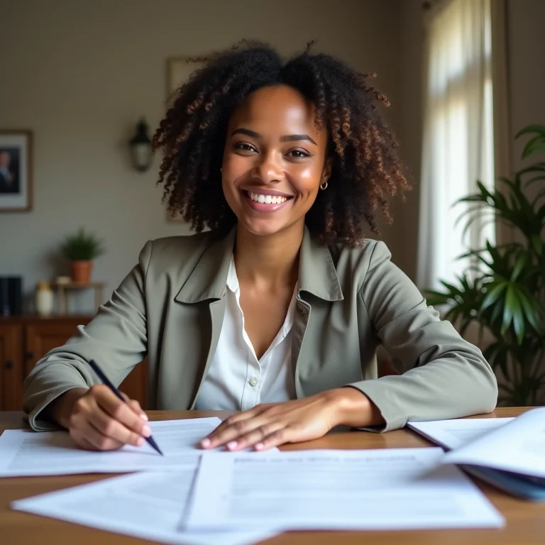 Mulher latina organizando documentos de propriedade e emprego