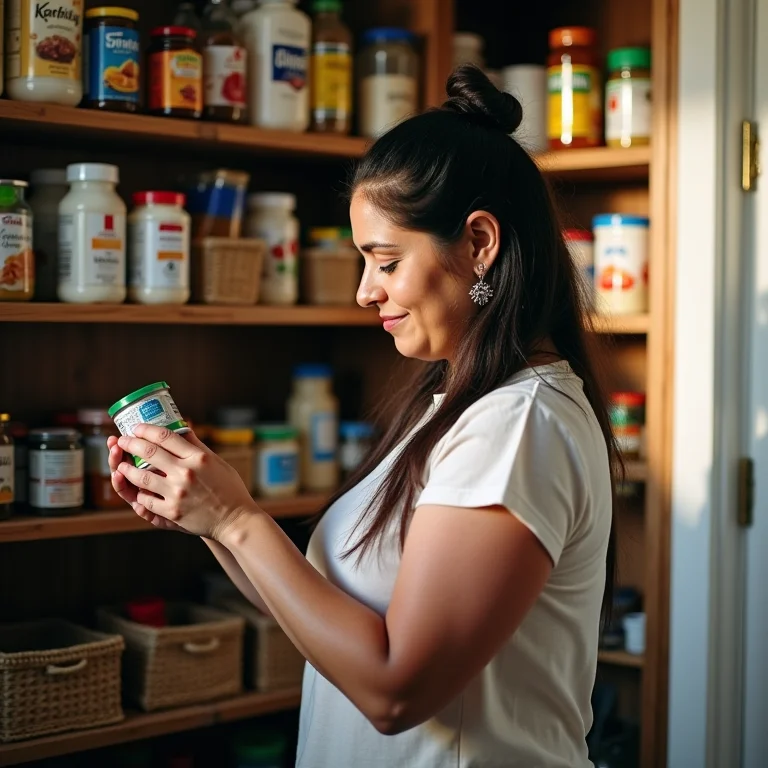 Mulher latina organizando os alimentos por data de validade na despensa.