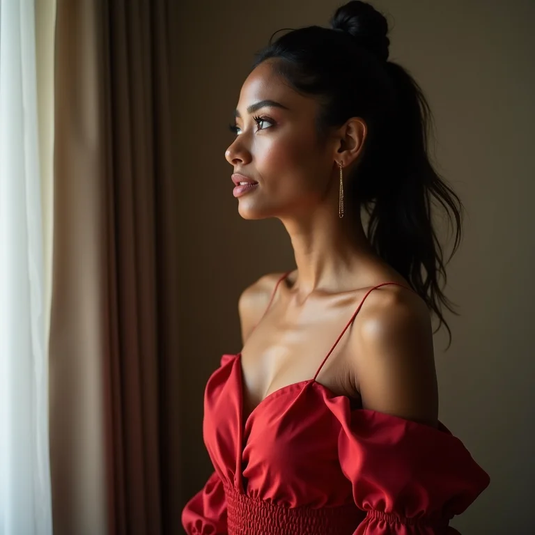 Mulher latina pensando se uma roupa é adequada para congresso