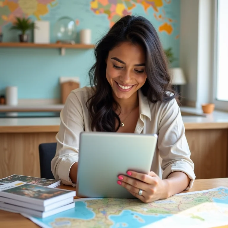Mulher latina planejando viagem com aplicativo de mapas