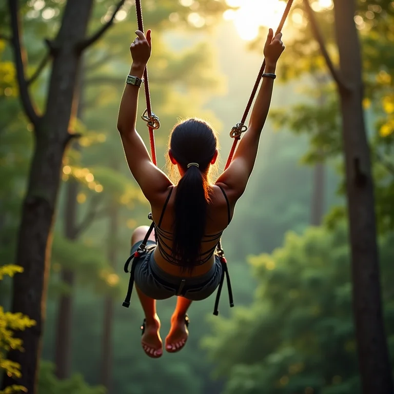 Mulher latina praticando tirolesa em floresta